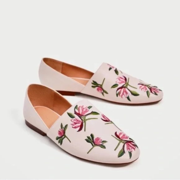 ZARA Embroidered Floral Faux Vegan Leather Pink Flat Loafers Shoes - US 8 - Picture 1 of 10